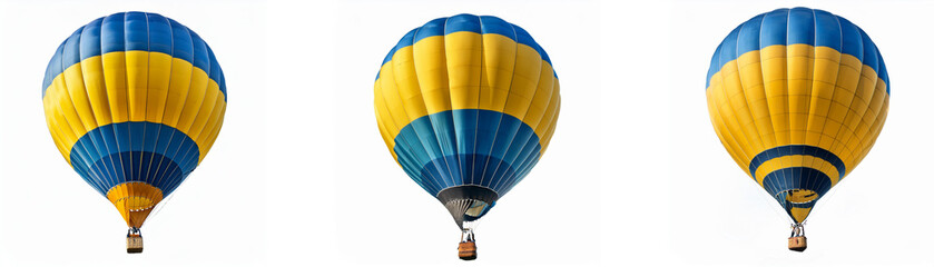 Three hot air balloons in flight with yellow and blue colors.