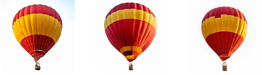 Naklejka premium Three red and yellow hot air balloons with baskets against a white background.