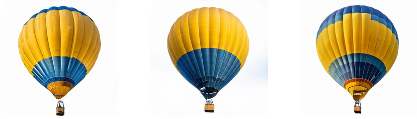 Obraz premium Three hot air balloons are lined up in a row against a white background. They are each yellow and blue, the bottom half being blue and the top half yellow.