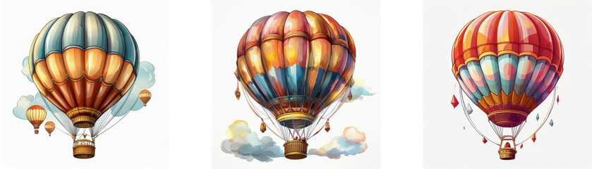 Obraz premium Three vibrant hot air balloons, each with unique colors and patterns, float against a white backdrop.