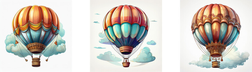 Obraz premium Three colorful hot air balloons with baskets, each in a different color scheme, floating above clouds.