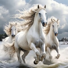 Obraz premium the AI Image Generator, white horses galloping, running along the beach