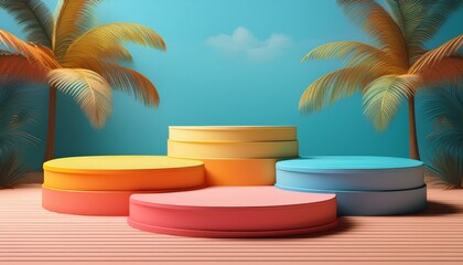 Obraz premium three colorful podiums with different heights for product presentation summer themed scenario with palm trees