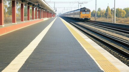A train approaches a quiet platform with tracks extending into the distance.