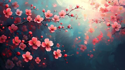 A vibrant painting of a cherry blossom tree branch in full bloom, set against a soft blue and pink background. The sunlight shines through the leaves, creating a warm glow.