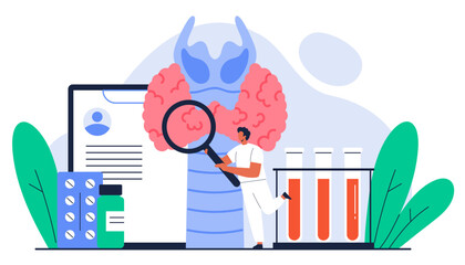 Endocrinology concept. Endocrinologist  doctor with magnifying glass check up thyroid gland with trachea. Endocrine disease, healthcare, treatment. Isolated vector illustration in cartoon style
