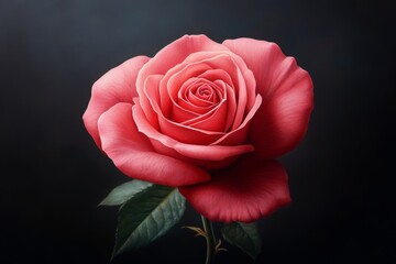 A beautiful pink rose in full bloom, showcasing intricate petals and lush green leaves against a dark background.