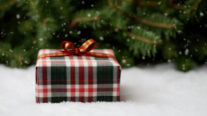 Navidad gift stack in the snow. beautifully wrapped gift in plaid fabric sits on snowy surface, surrounded by pine branches. festive atmosphere evokes feelings of joy