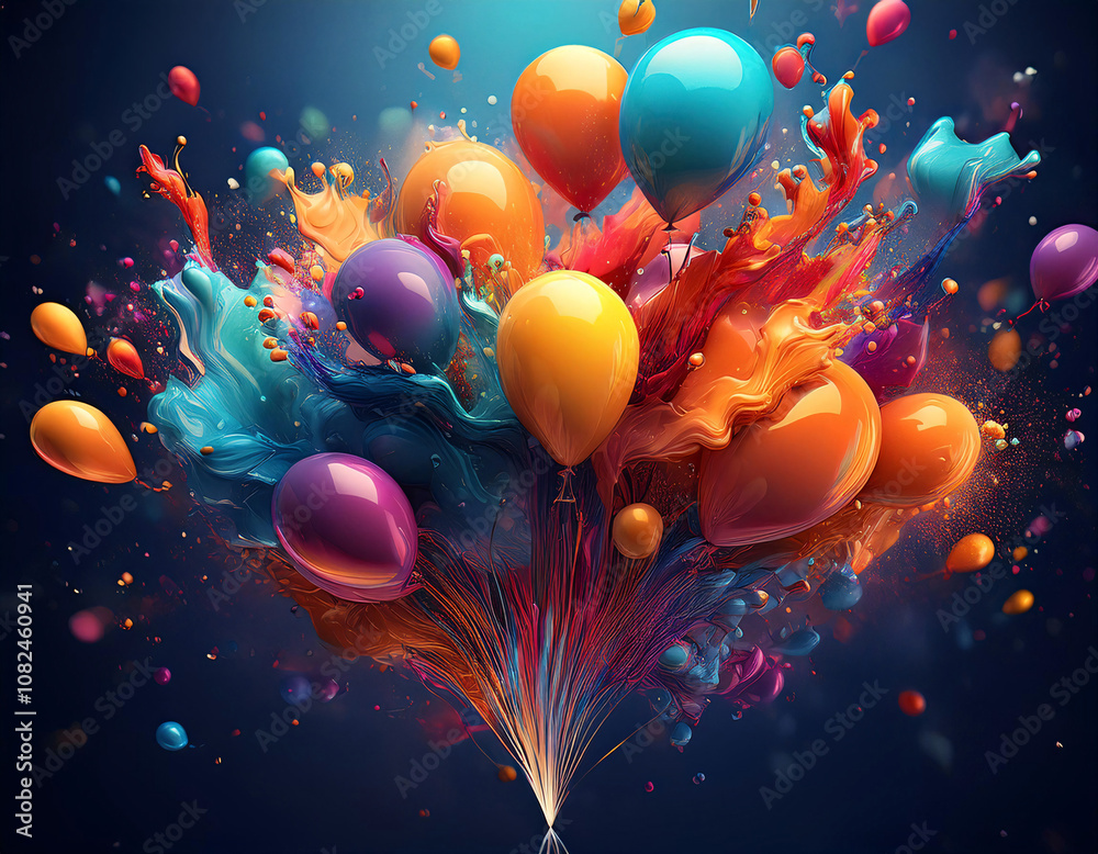 Poster a burst of colorful balloons explodes in a spray of vibrant paint.