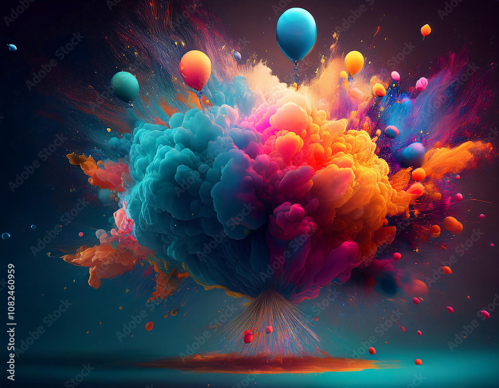 Poster a vibrant explosion of colorful paint with balloons floating above it.