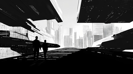 Naklejka premium Sleek futuristic architectural monochrome silhouettes. Futurity. Illustration