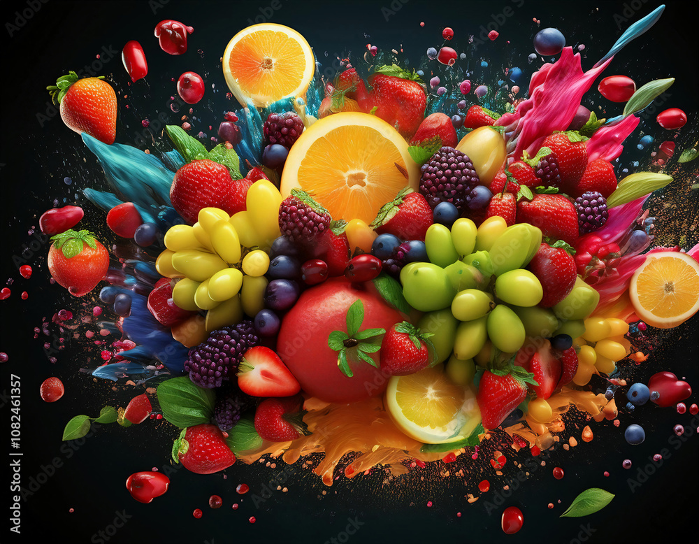 Poster A vibrant burst of fresh fruit, exploding with colorful paint, creating a dynamic and appetizing scene.