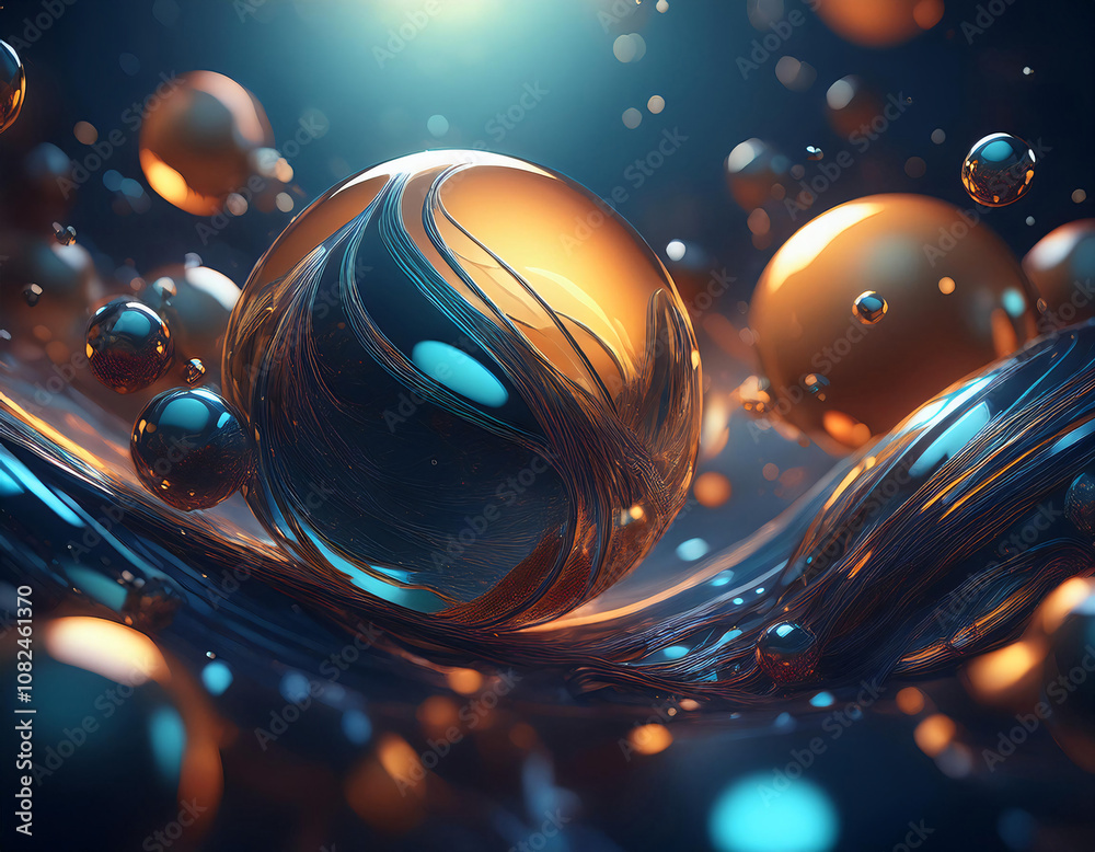 Poster a single large, glowing, orb with a swirling, blue and gold pattern sits on a bed of liquid metal. s
