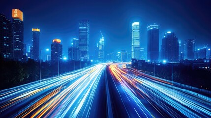 Fototapeta premium Night Cityscape with Light Trails and Illuminated Skyscrapers, Perfect for Urban Design Themes