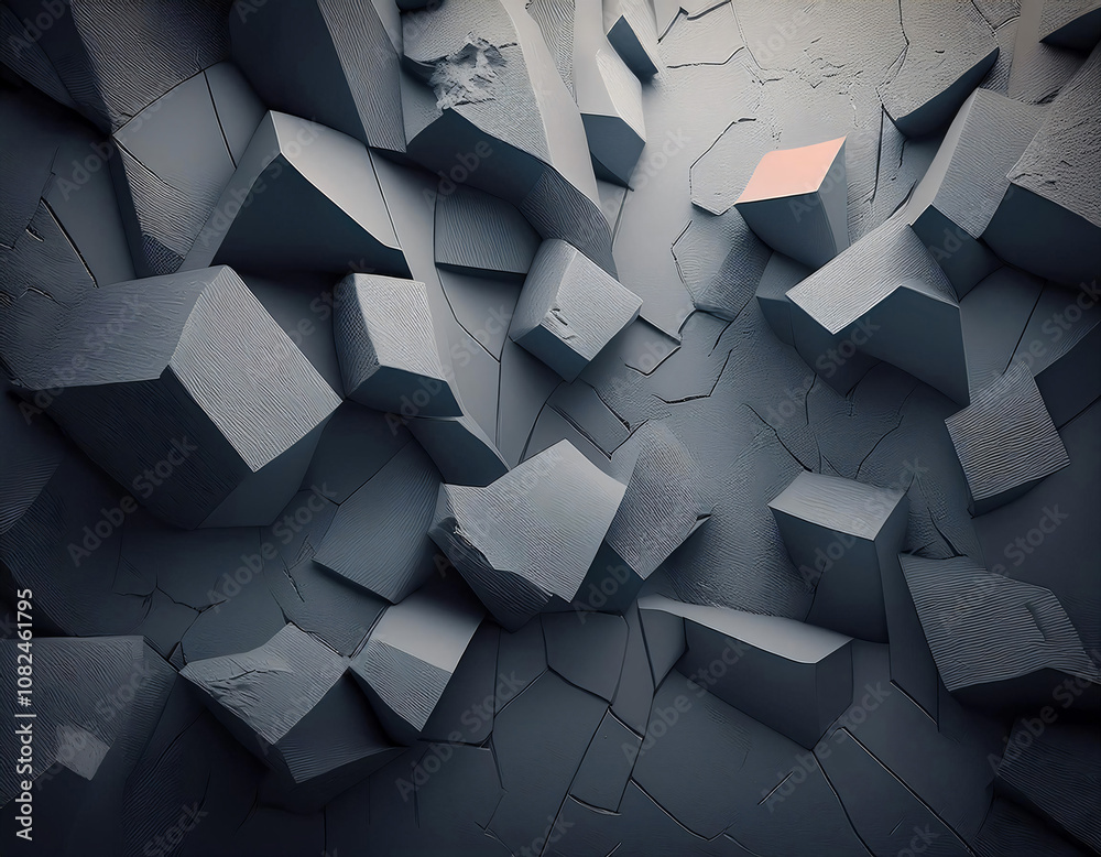 Poster An abstract image of a textured wall made of fragmented, geometric shapes with a single, light-colored block.