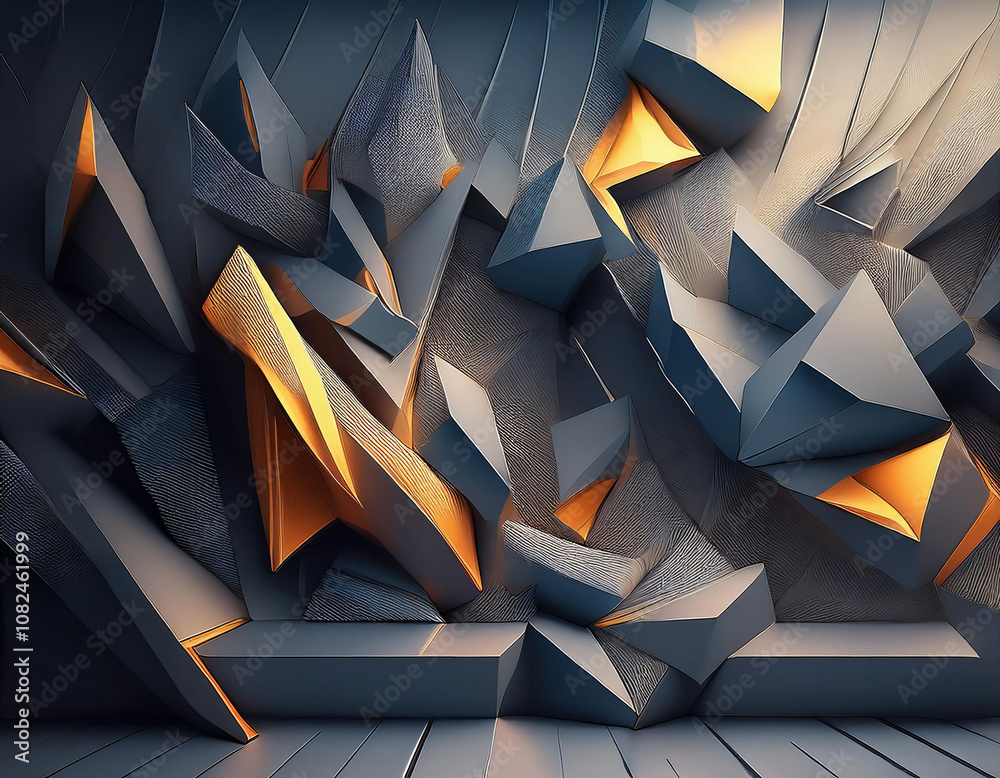 Poster a textured grey wall with geometric shapes protruding outward, some of them are highlighted with a g