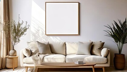 Frame mockup, paper size ISO A. Mockup of a wall poster for the living room. mockup of the interior with a house backdrop. Contemporary interior design