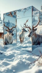Tender Moment of Reindeer Reflections Amid Snowy Winter Landscape