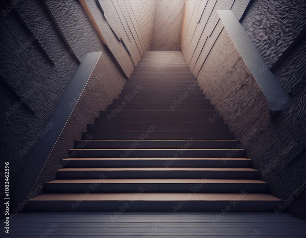 Leinwandbilder a wooden staircase with a white railing leads up to a light source at the top of a seemingly endless