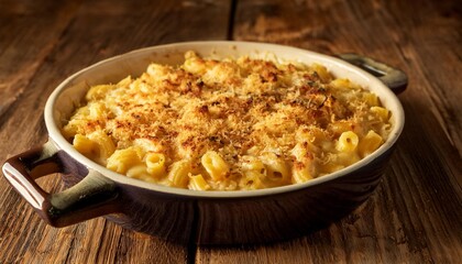 Rich and Creamy Mac and Cheese Baked to Perfection, Topped With a Golden Crust of Breadcrumbs and Parmesan, Served in a Ceramic Dish on a Rustic Wooden Table