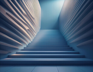Obraz premium A long flight of stairs leading upwards through a modern, geometric corridor with a bright light source at the top.