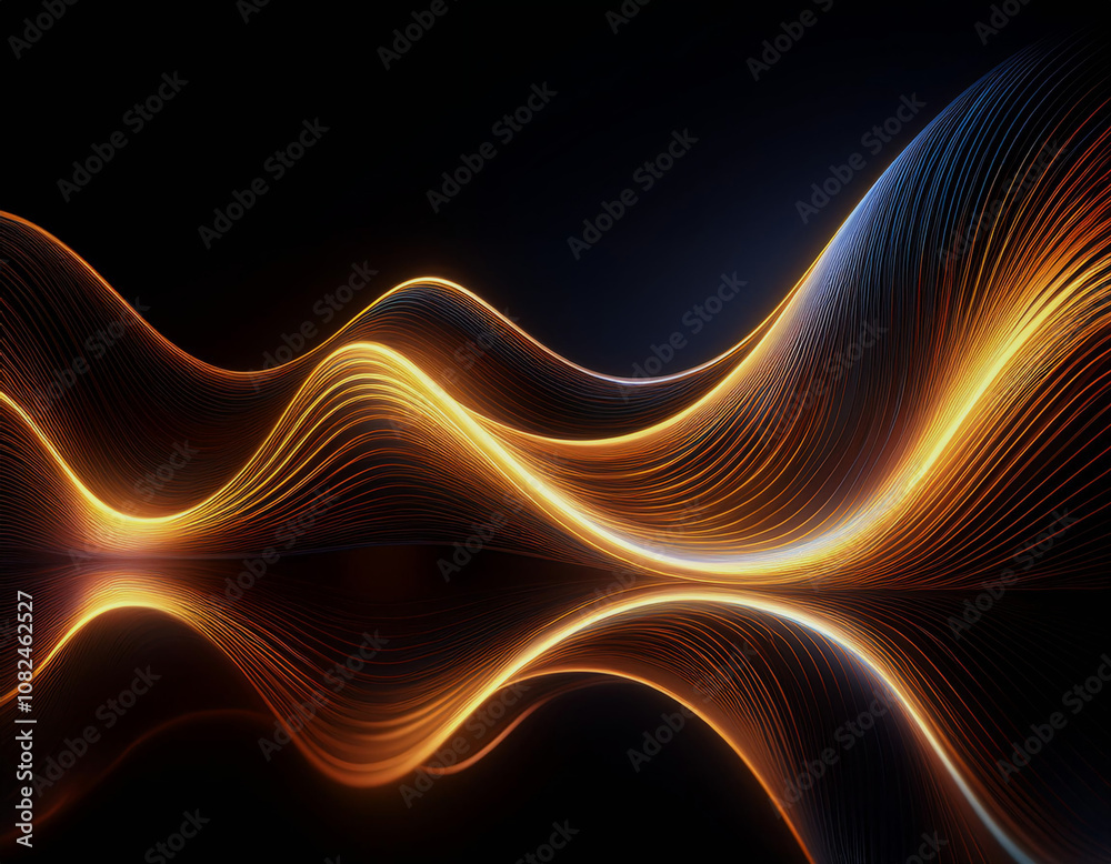Poster abstract waves of glowing light in a dark background.