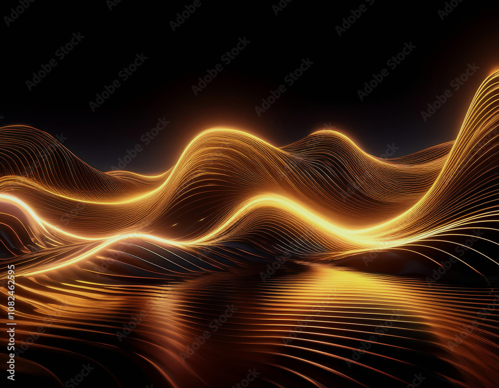 Poster abstract landscape with glowing golden lines and a reflective surface.
