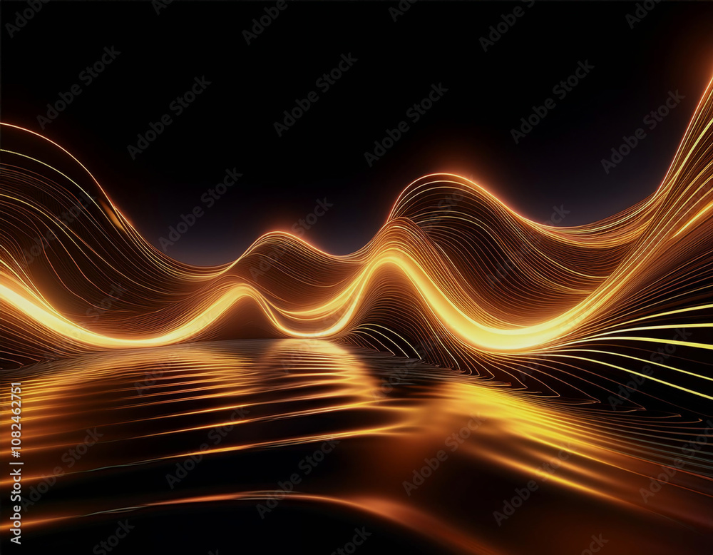 Poster Golden lines and waves create an abstract and futuristic landscape.