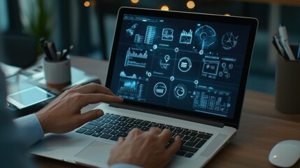 Close-up of a laptop with virtual SOP icons for sequence, quality, and workflow as a businessman navigates the interface in a modern office
