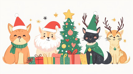 Fototapeta premium Cute cats dressing up for christmas in front of christmas tree, unique illustration background