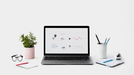 Fototapeta premium Laptop with virtual icons representing SOP elements like workflow, instruction, and quality, enhancing a business professional's structured routine