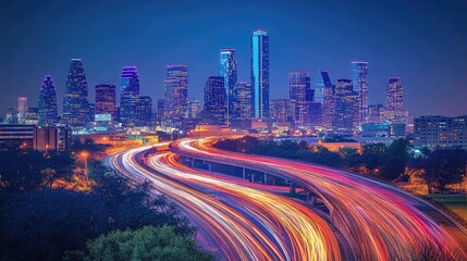 Fototapeta premium City at Night with Vehicle Light Trails and Illuminated Skyscrapers, Ideal for Urban Themes