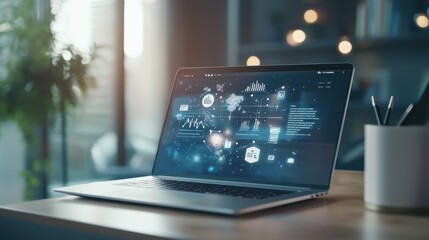 Fototapeta premium Laptop with virtual icons representing SOP elements like workflow, instruction, and quality, enhancing a business professional's structured routine