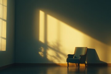A solitary chair in a sunlit room, casting shadows and creating a tranquil atmosphere.
