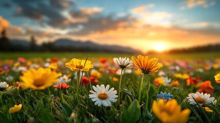 Fototapeta premium vibrant sunset over colorful field of flowers, promoting tranquility