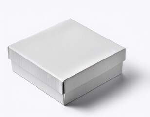Blank white flat square gift box with closed hinged flap lid on white background