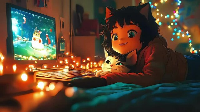 Young girl with cat enjoys cozy evening with fairy lights and a computer screen.