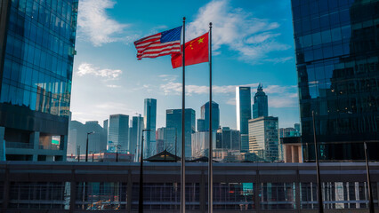 American and Chinese flags displayed side by side in a busy cityscape, framed by tall, sunlit skyscrapers in the background.