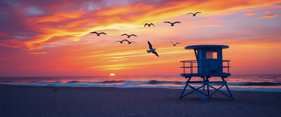 Sunset Seascape with Lifeguard Stand and Birds