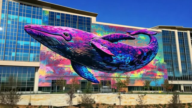 A colorful mural of a whale and its calf adorns the side of a building in a modern city