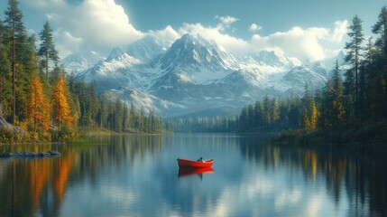 A serene lake with a red boat surrounded by mountains and trees.
