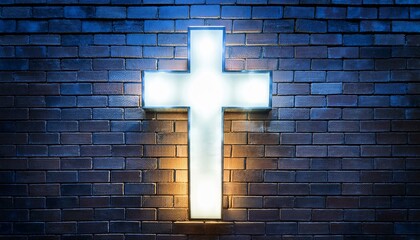 lighted cross background back lit cross on a brick background with copy space