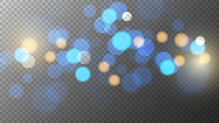 Bright bokeh lights. Abstract blur light effect. Blurred overlay template. Transparent background. Vector illustration.