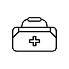 Obraz premium A simple black and white illustration of a medical kit with a cross symbol on the front, representing healthcare, first aid, and emergency supplies, suitable for use in educational materials