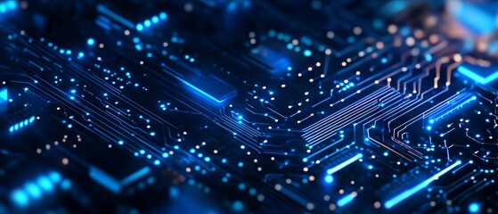 Obraz premium Futuristic blue circuit board texture background with flowing waves and quantum explosion effects, modern quantum computer technology concept, vector motherboard design