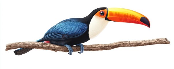 Fototapeta premium A vibrant toucan perched on a twig, showcasing its distinctive black body and large orange-yellow beak.