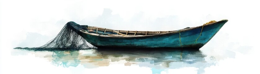 Obraz premium A weathered fishing boat rests peacefully on calm waters, its net draped over the edge, reflecting a serene coastal scene.