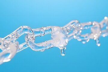 A broken chain made of ice, a clean blue background, a clear close-up shot, and an illustrative style