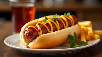 A delicious hot dog accompanied by crispy french fries is neatly placed on a plate, with a refreshing glass of beer elegantly positioned in the background
