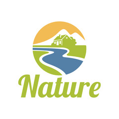 Fototapeta premium house nestled in a natural setting with mountains, a river, and a sun. The logo symbolizes home, nature, and tranquility.